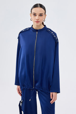 Embroidered Bomber Pants Set Navy Blue