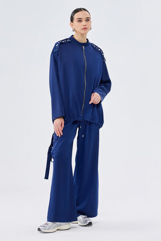 Embroidered Bomber Pants Set Navy Blue