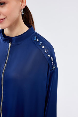 Embroidered Bomber Pants Set Navy Blue