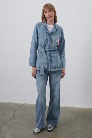 Embroidered Belted Denim Jacket Light Blue