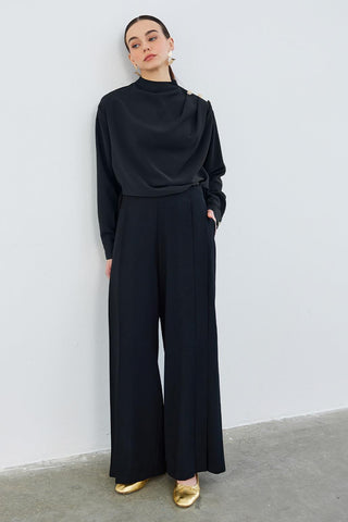 Judi Pleated Loose High Waist Trousers Black