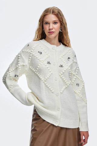 Fluffy Embroidered Cardigan Ecru