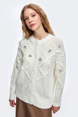 Fluffy Embroidered Cardigan Ecru
