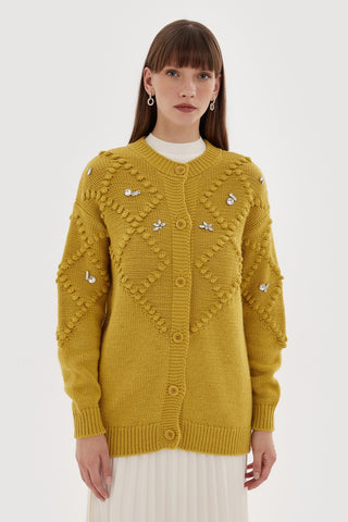 Fluffy Embroidered Cardigan Mustard