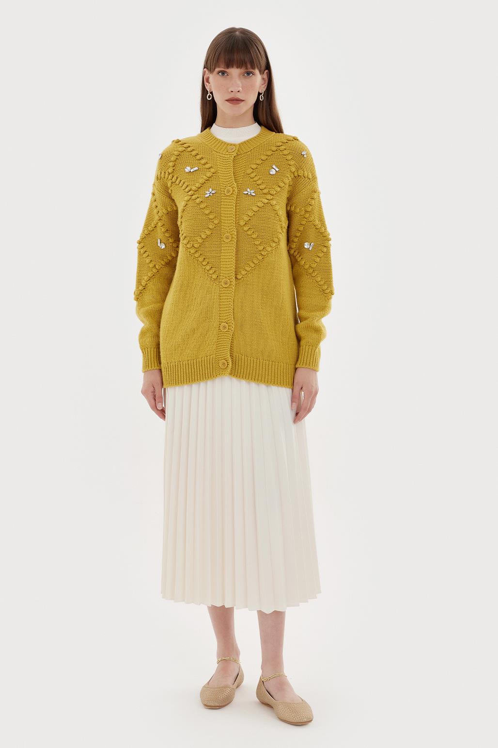 Fluffy Embroidered Cardigan Mustard