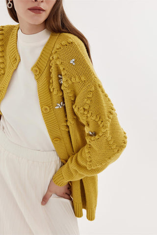Fluffy Embroidered Cardigan Mustard