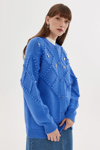Fluffy Embroidered Cardigan Blue