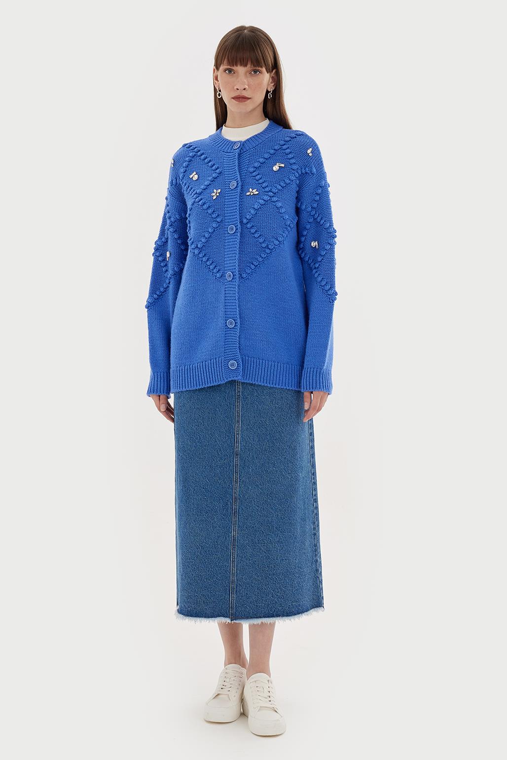Fluffy Embroidered Cardigan Blue