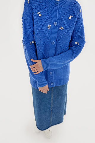 Fluffy Embroidered Cardigan Blue