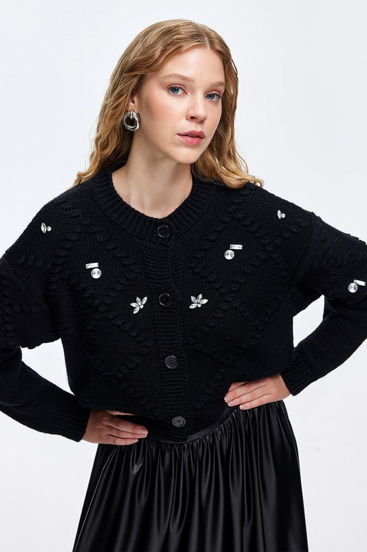 Fluffy Embroidered Cardigan Black