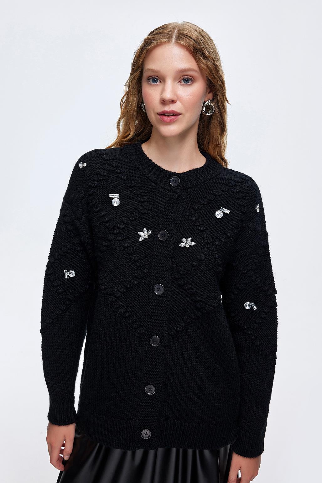Fluffy Embroidered Cardigan Black