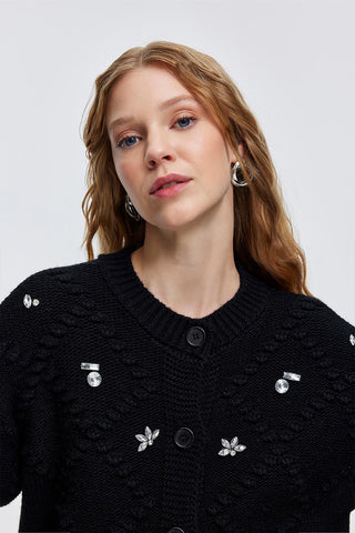 Fluffy Embroidered Cardigan Black