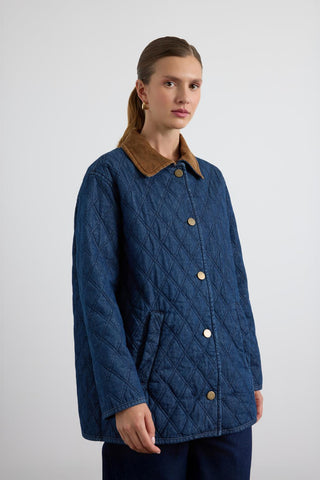 Quilted Jacket with Velvet Collar and Pockets Dark Blue