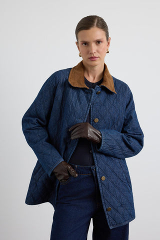 Quilted Jacket with Velvet Collar and Pockets Dark Blue