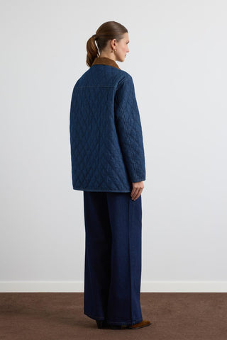 Quilted Jacket with Velvet Collar and Pockets Dark Blue