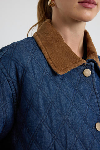 Quilted Jacket with Velvet Collar and Pockets Dark Blue