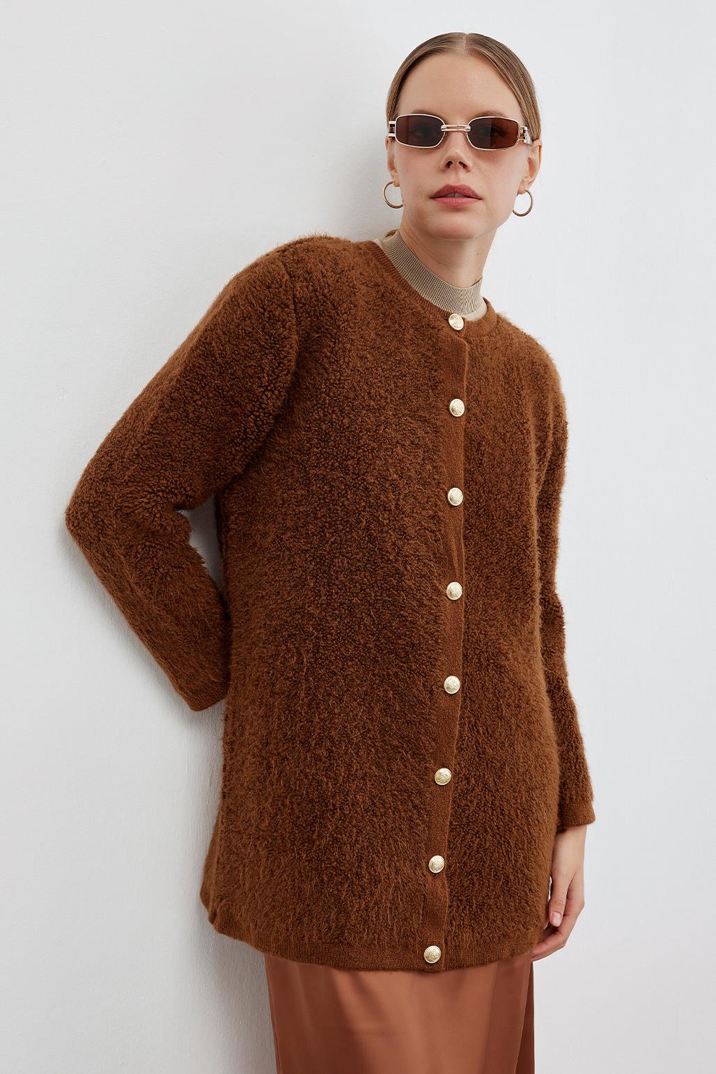 Thick Boucle Knit Jacket Cardigan Chocolate Brown