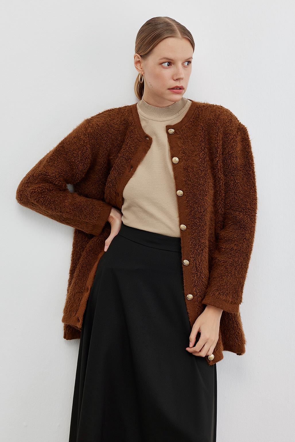 Thick Boucle Knit Jacket Cardigan Chocolate Brown