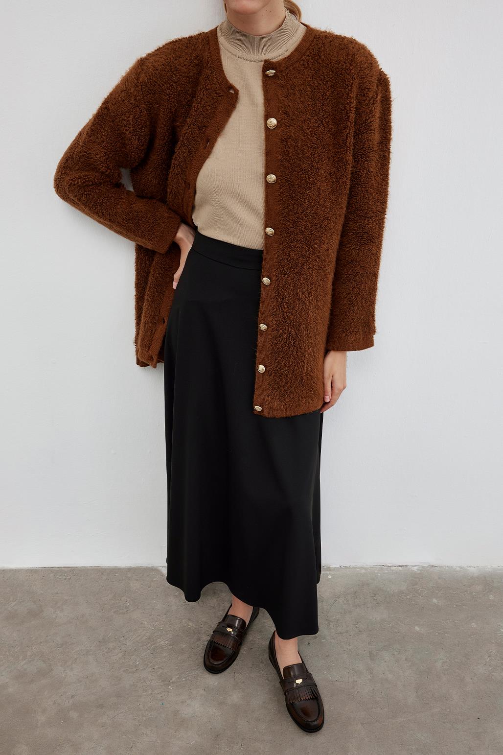 Thick Boucle Knit Jacket Cardigan Chocolate Brown