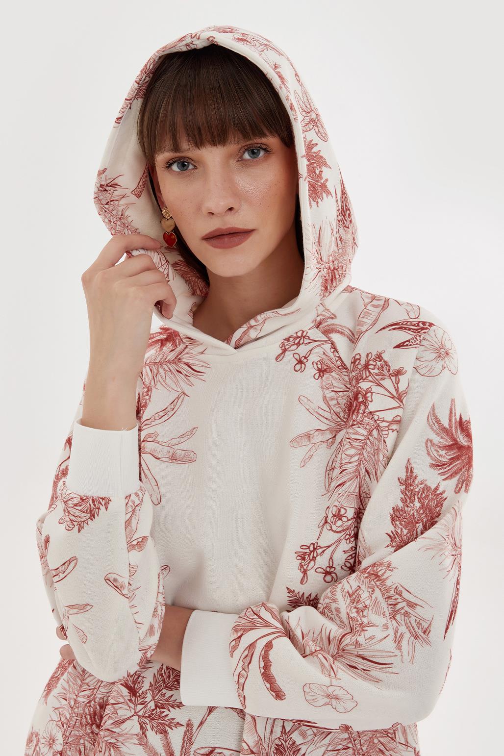 Hooded and Patterned Sweatshirt Red