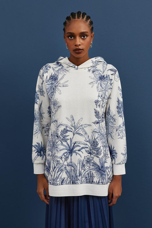 Hooded and Patterned Sweatshirt Blue