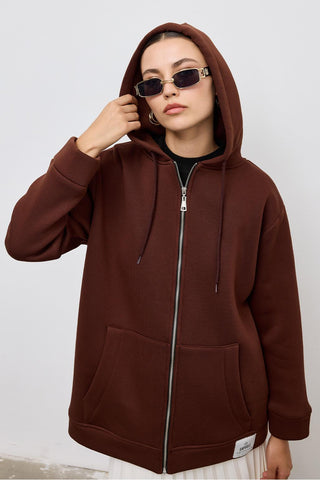 Hooded Thick Cardigan Brown