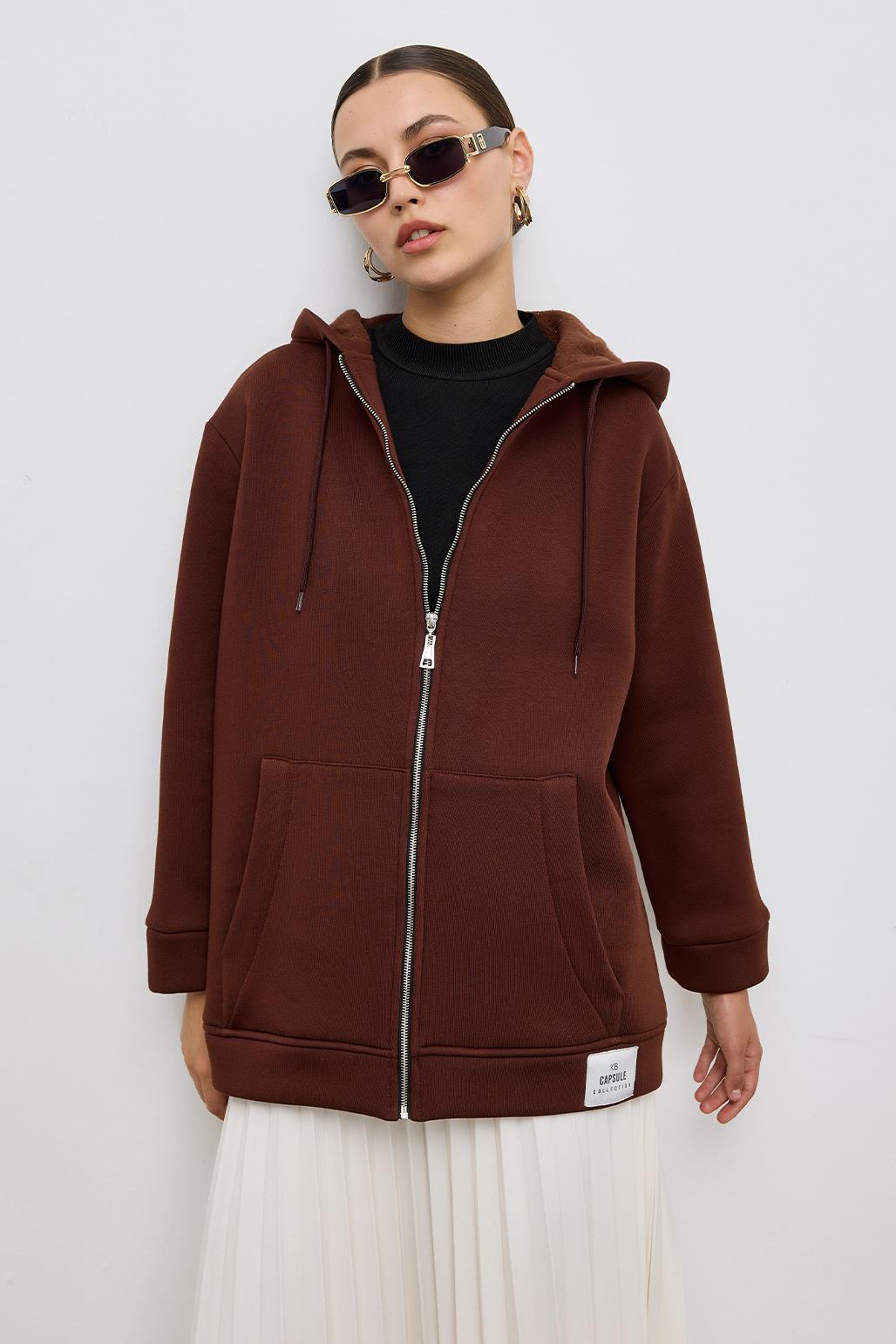 Hooded Thick Cardigan Brown