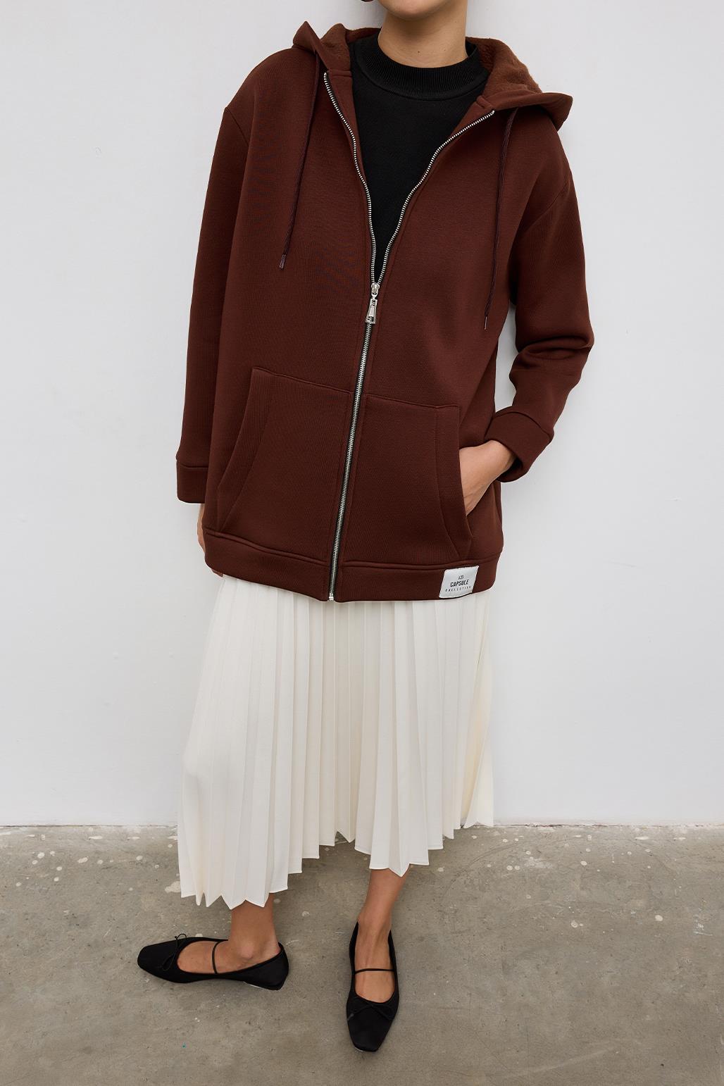 Hooded Thick Cardigan Brown