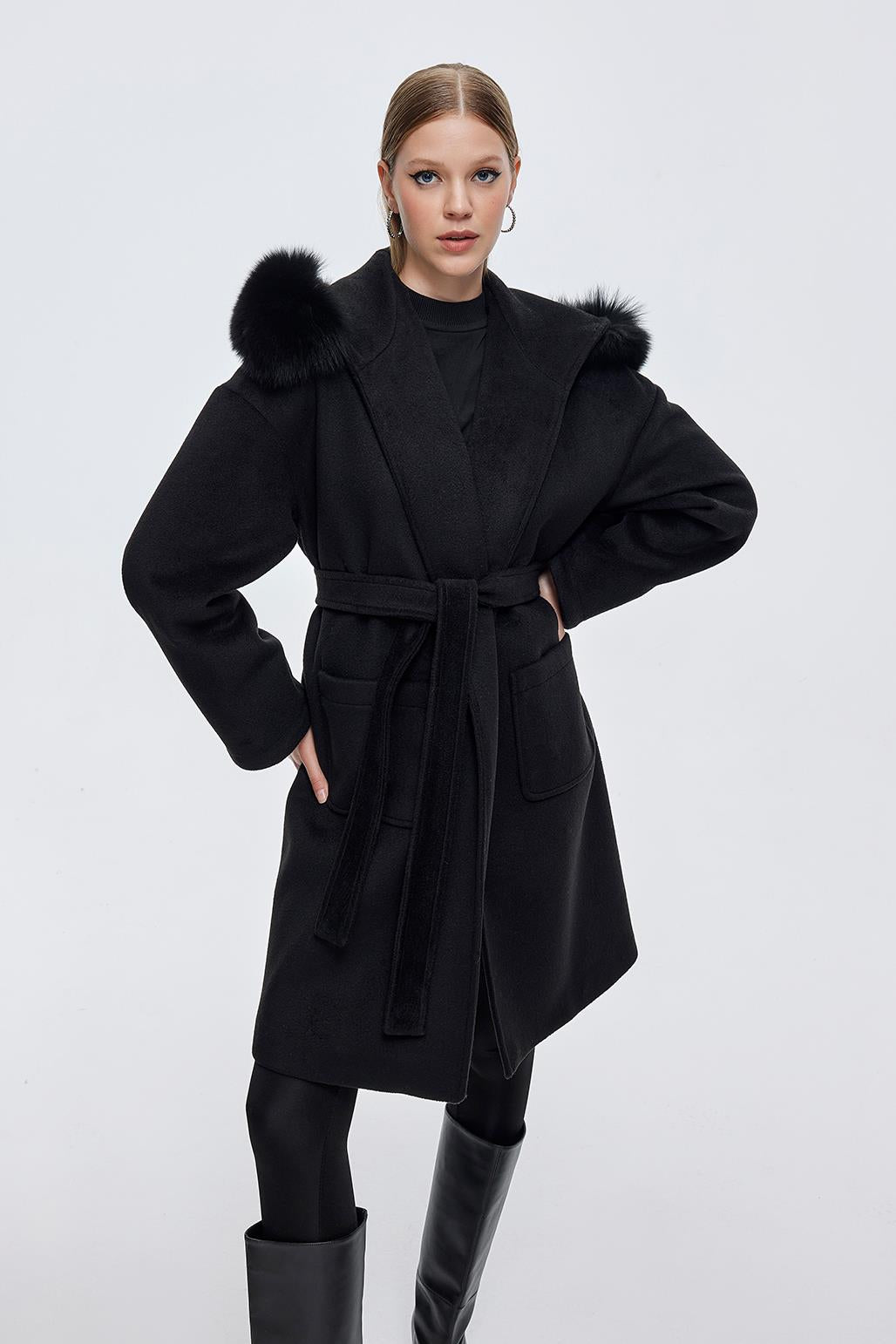 Hooded Fur Collar Coat with Pockets Black