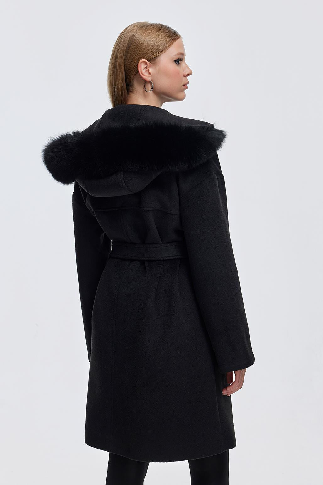 Hooded Fur Collar Coat with Pockets Black