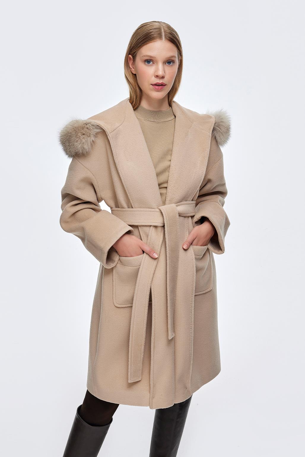 Hooded Fur Collar Coat with Pockets Mink