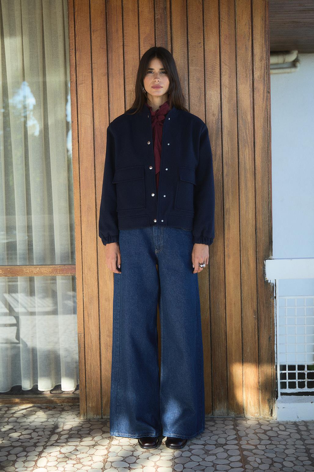 Cashmere Bomber Short Jacket Navy Blue