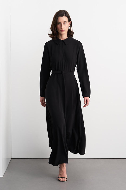 Belted Bell Long Dress Black