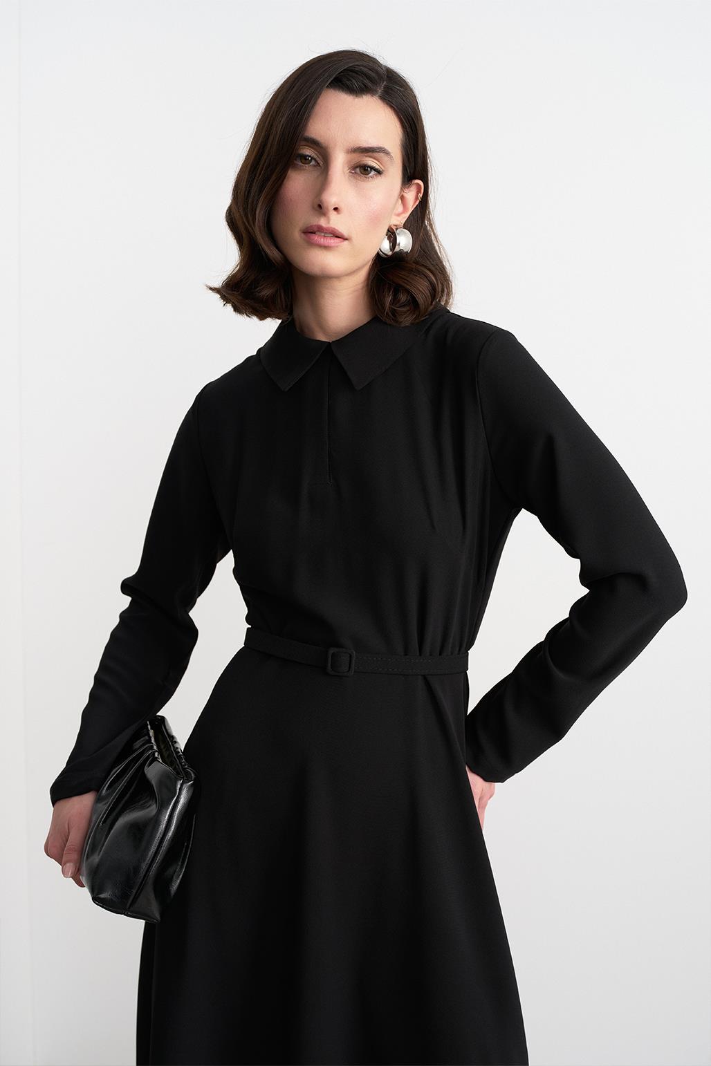 Belted Bell Long Dress Black