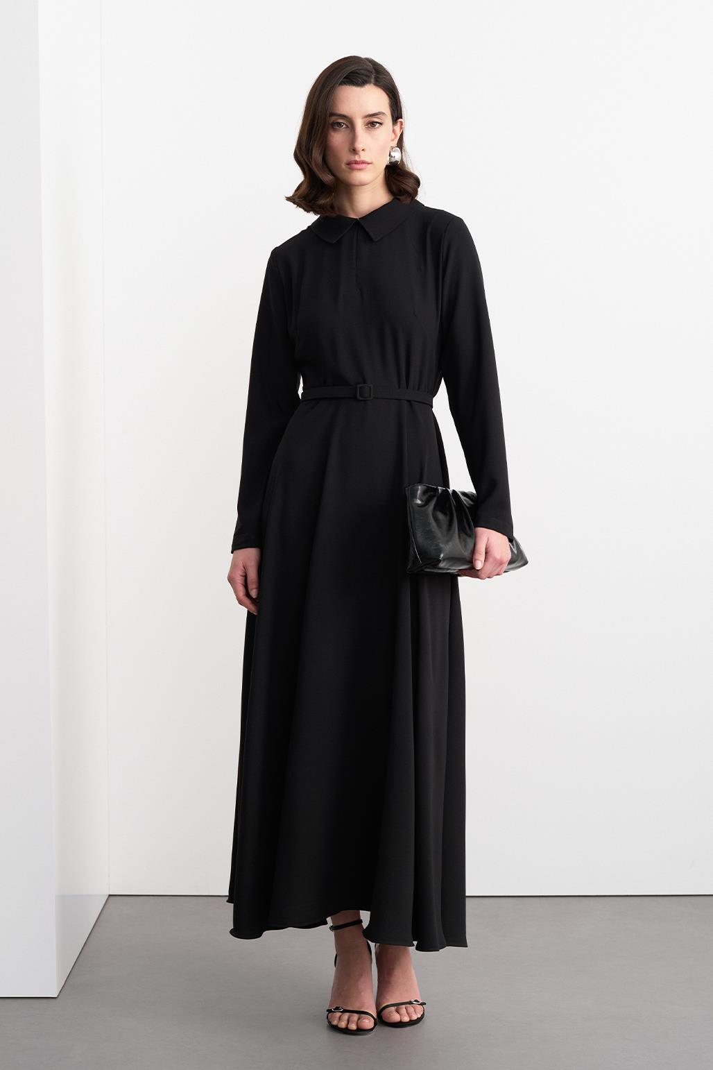 Belted Bell Long Dress Black