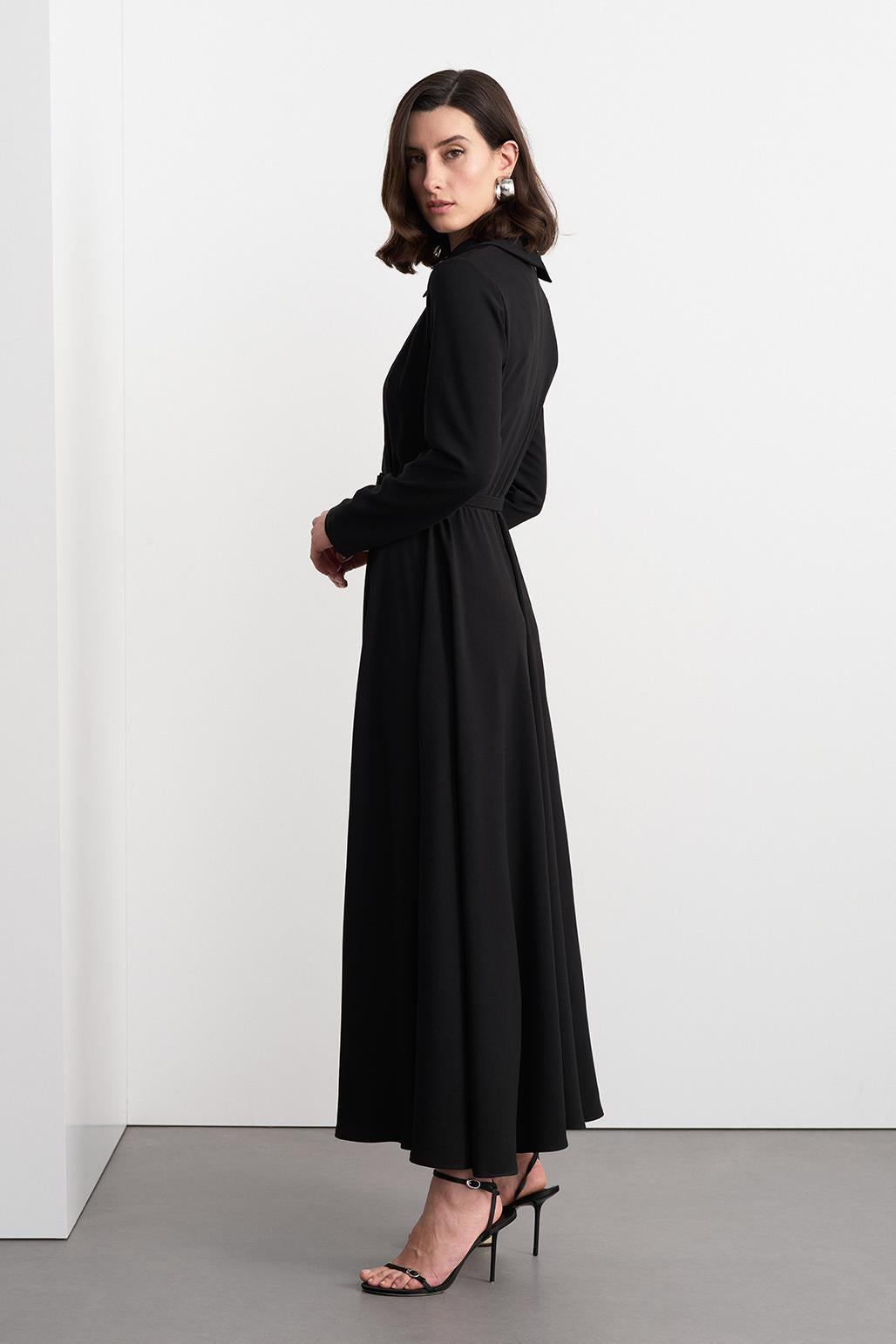 Belted Bell Long Dress Black