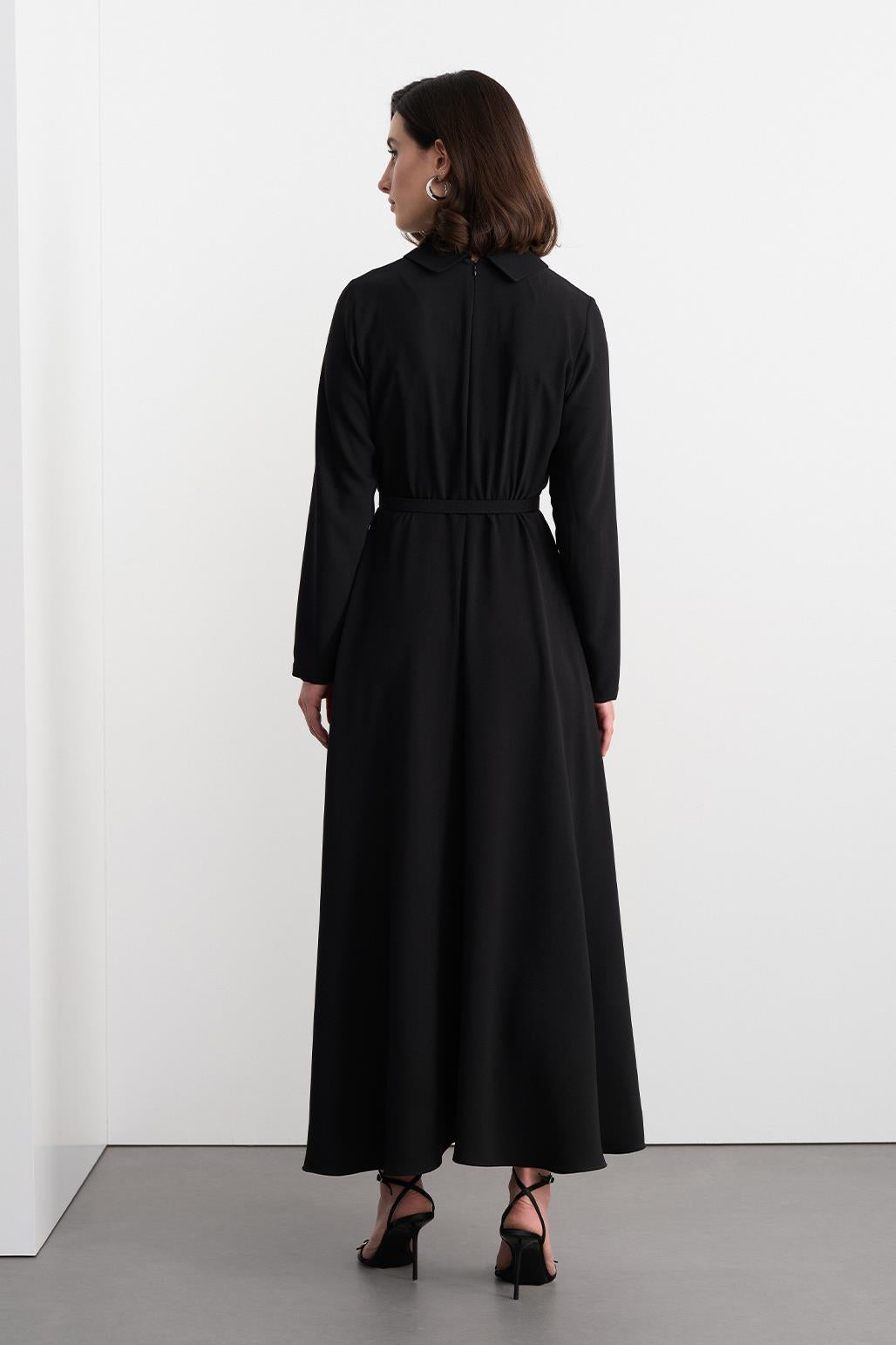 Belted Bell Long Dress Black