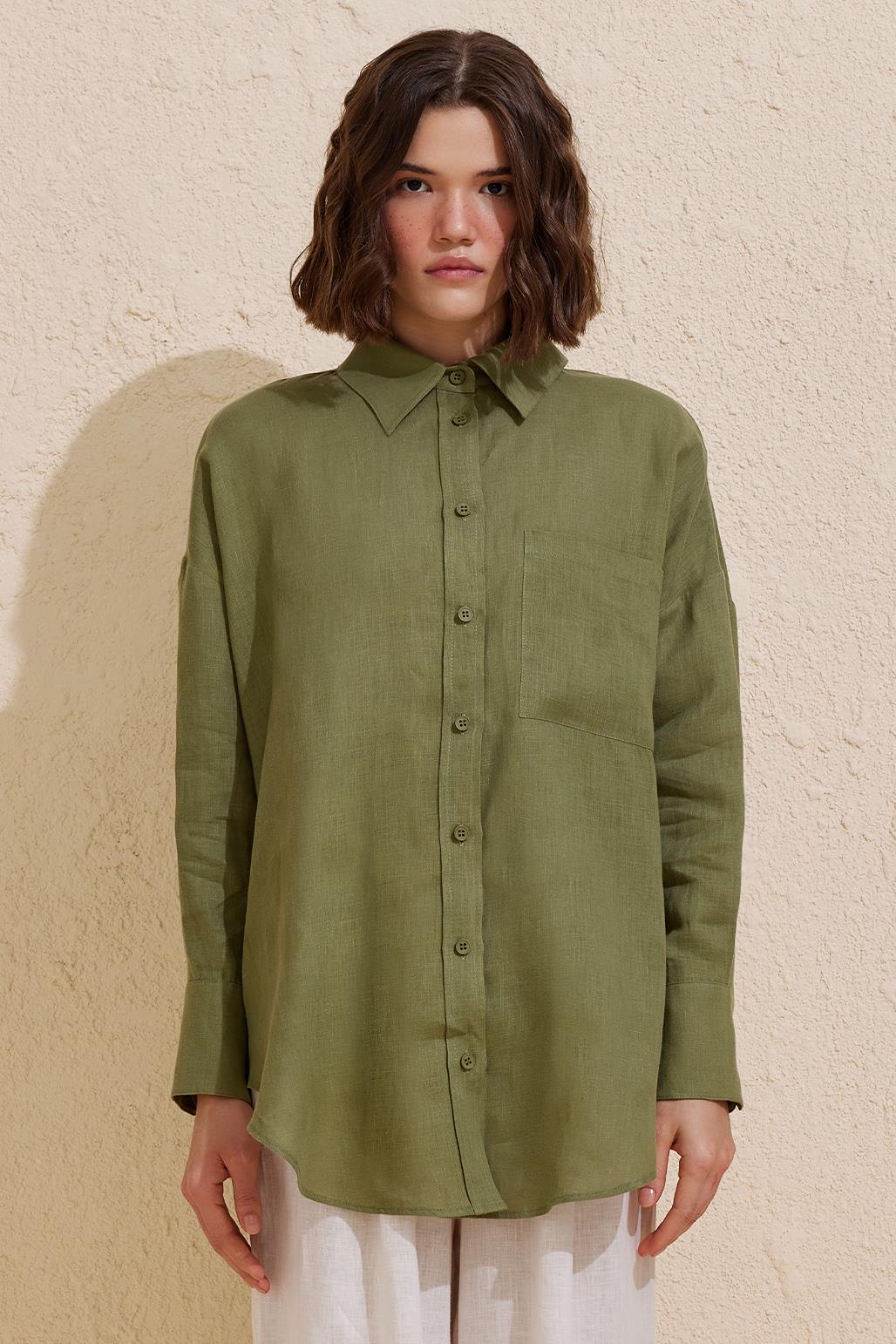 Linen Basic Shirt Khaki Green