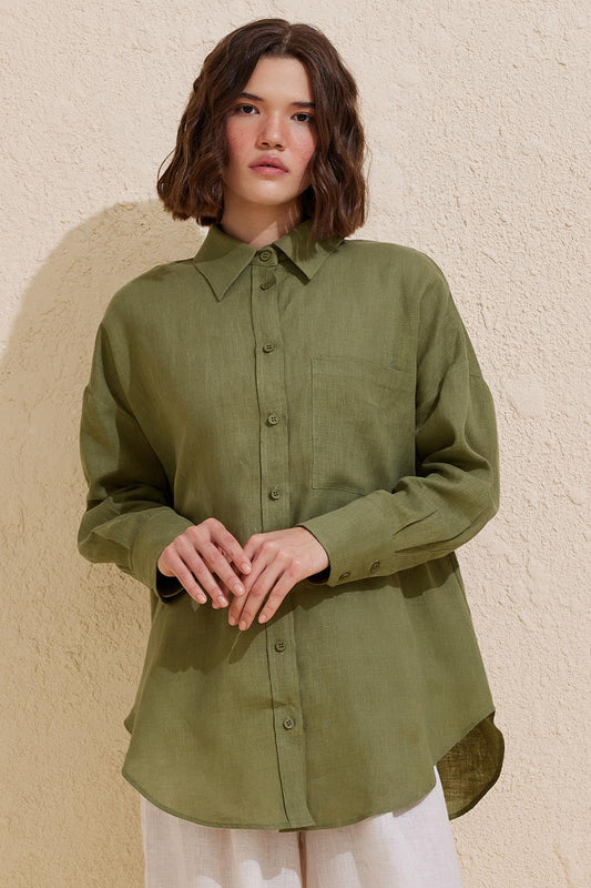 Linen Basic Shirt Khaki Green