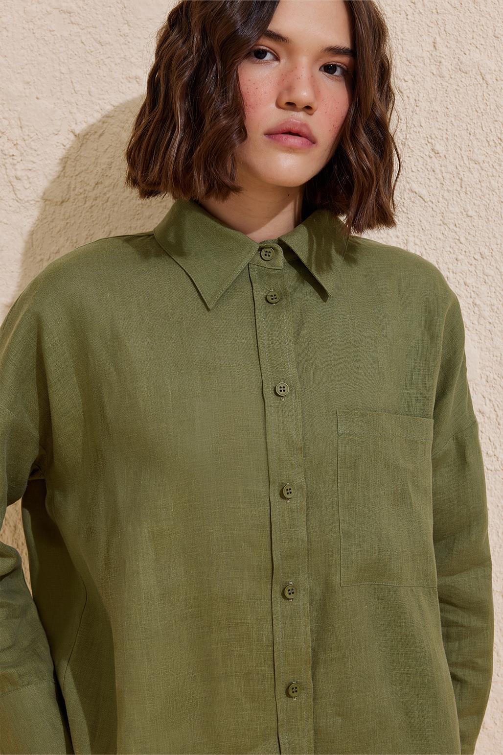 Linen Basic Shirt Khaki Green