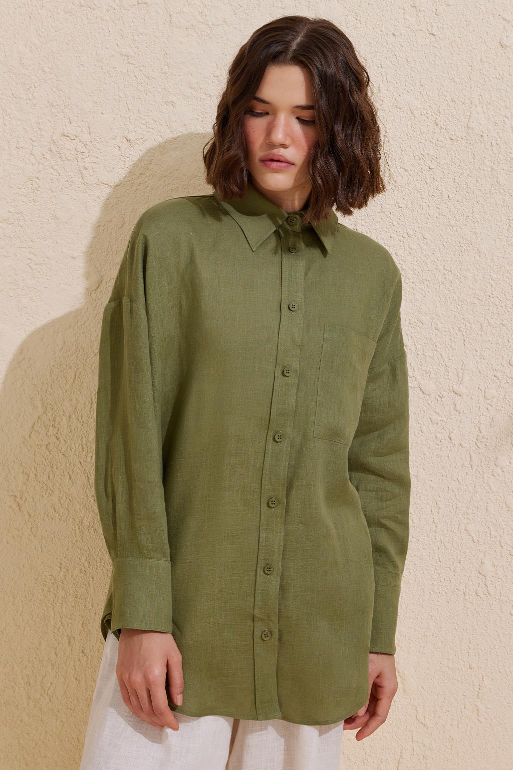 Linen Basic Shirt Khaki Green