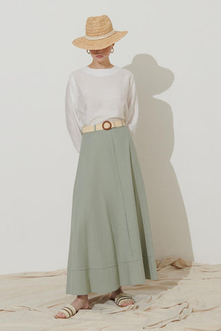 Belted Linen Flared Skirt Green
