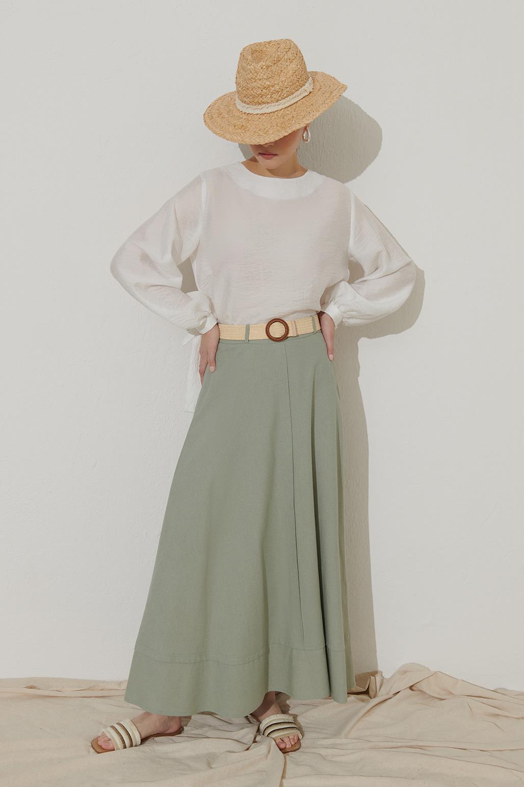Belted Linen Flared Skirt Green