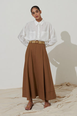 Belted Linen Flared Skirt Brown