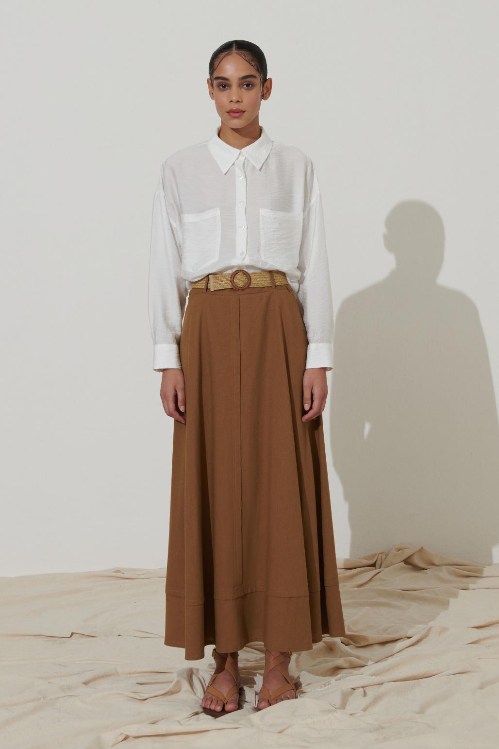 Belted Linen Flared Skirt Brown