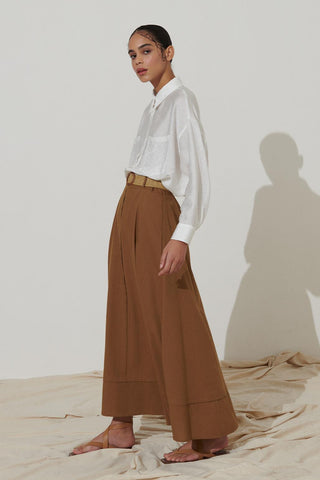Belted Linen Flared Skirt Brown