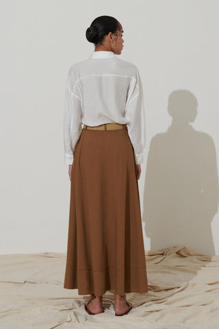 Belted Linen Flared Skirt Brown
