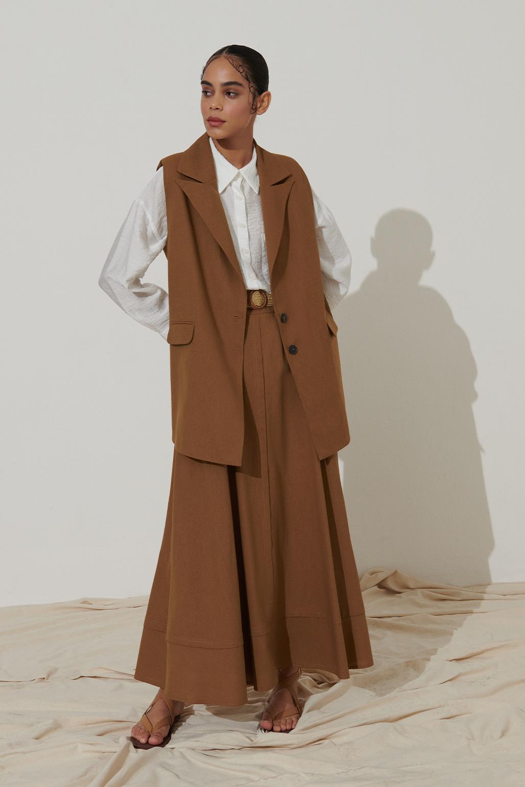 Belted Linen Flared Skirt Brown