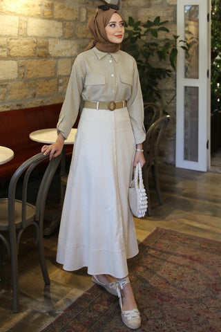 Belted Linen Flared Skirt Stone