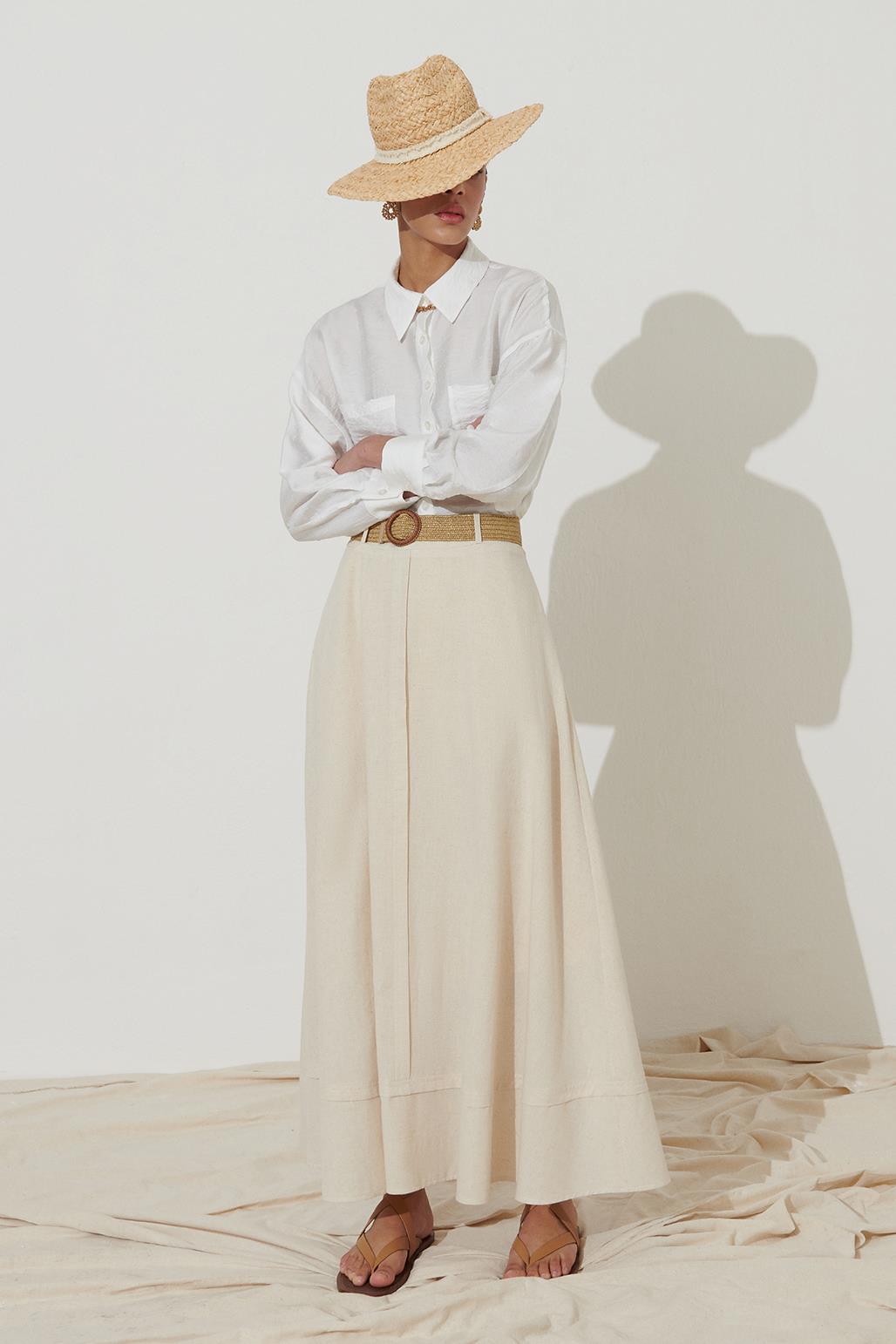 Belted Linen Flared Skirt Stone Kadriye Ba turk Global